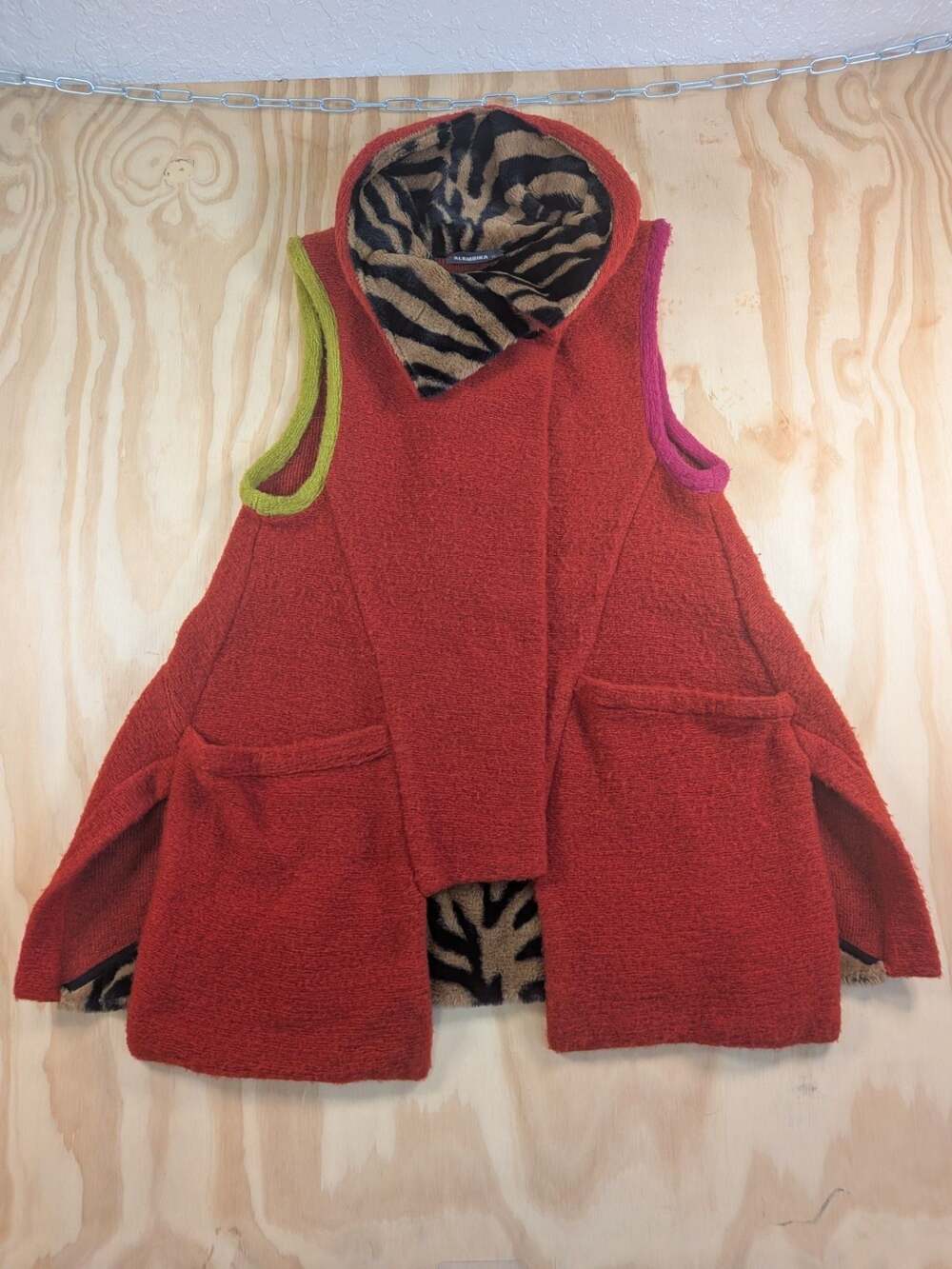 Alembika Urban Red Boucle Vest Zebra Faux Fur Trim XS